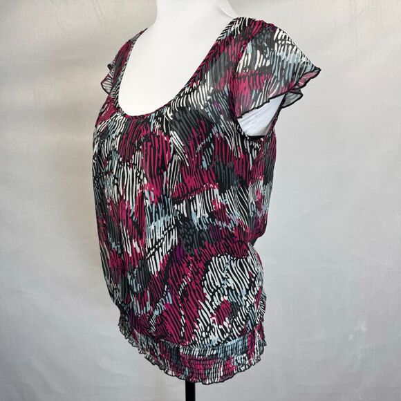 BCX Sheer Top Women Sz M Black with Fucsia White Print Over Cami Tank Ruched Hem - Picture 2 of 8